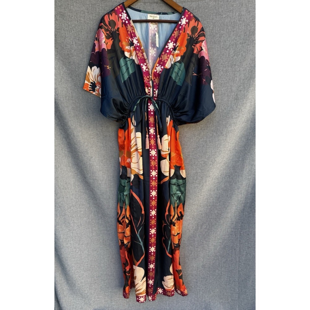 World Market Mira Floral Kaftan Dress S/M Satin Mirrored Blue Multicolor